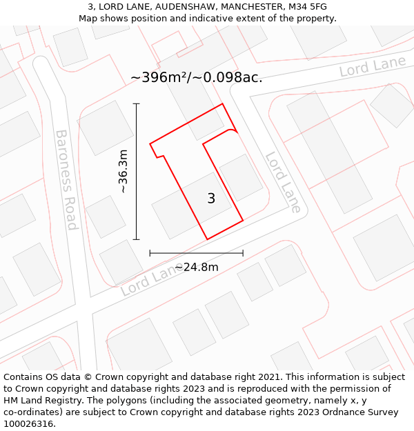 3, LORD LANE, AUDENSHAW, MANCHESTER, M34 5FG: Plot and title map