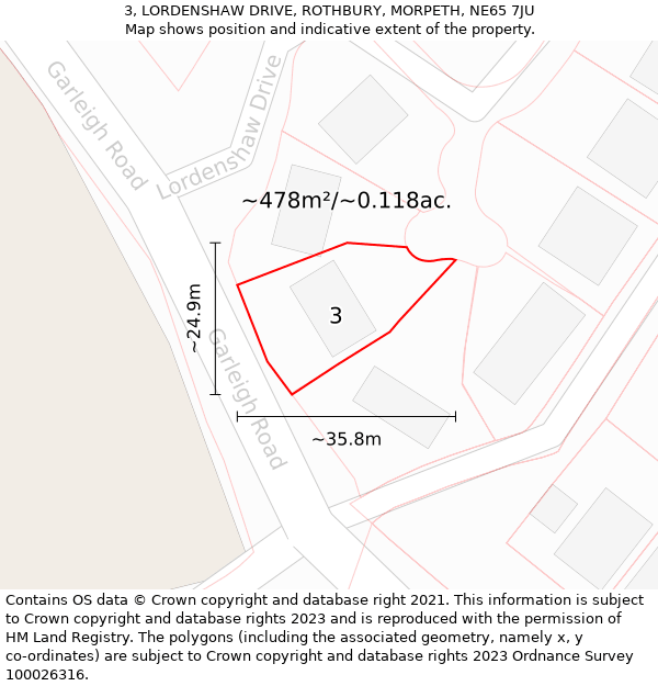 3, LORDENSHAW DRIVE, ROTHBURY, MORPETH, NE65 7JU: Plot and title map