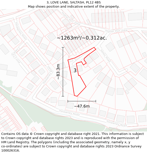 3, LOVE LANE, SALTASH, PL12 4BS: Plot and title map