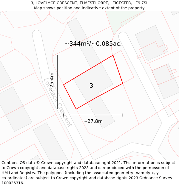 3, LOVELACE CRESCENT, ELMESTHORPE, LEICESTER, LE9 7SL: Plot and title map