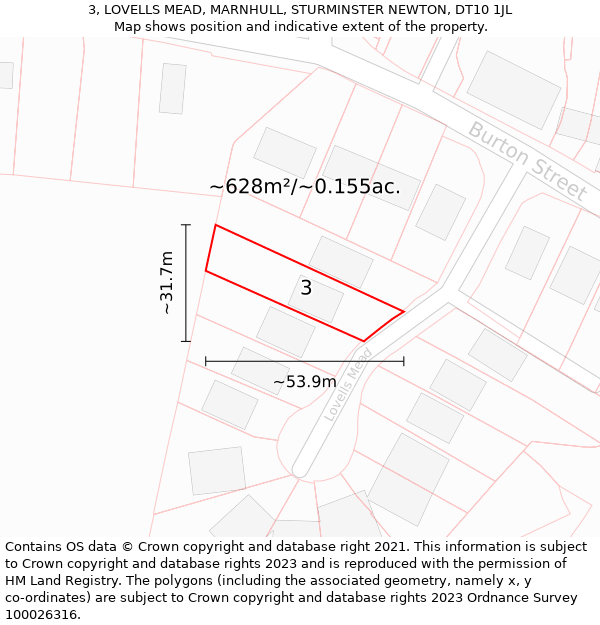 3, LOVELLS MEAD, MARNHULL, STURMINSTER NEWTON, DT10 1JL: Plot and title map