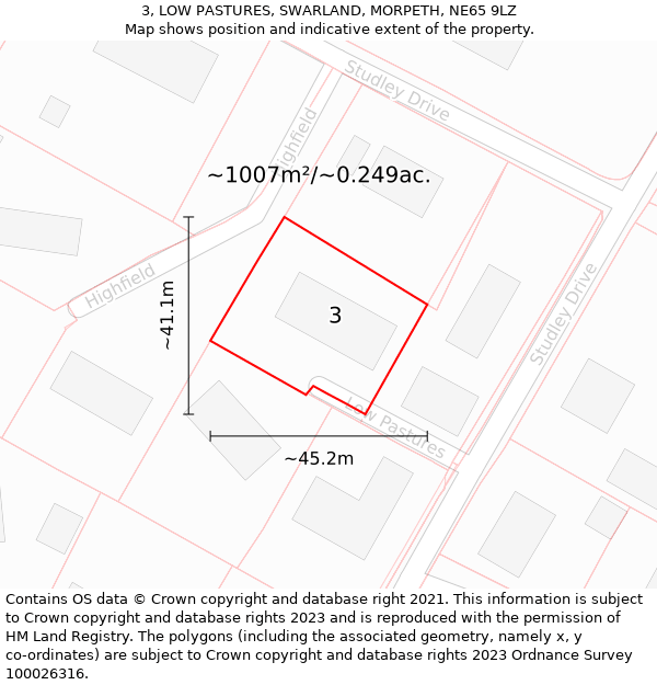 3, LOW PASTURES, SWARLAND, MORPETH, NE65 9LZ: Plot and title map