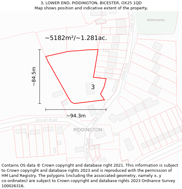 3, LOWER END, PIDDINGTON, BICESTER, OX25 1QD: Plot and title map