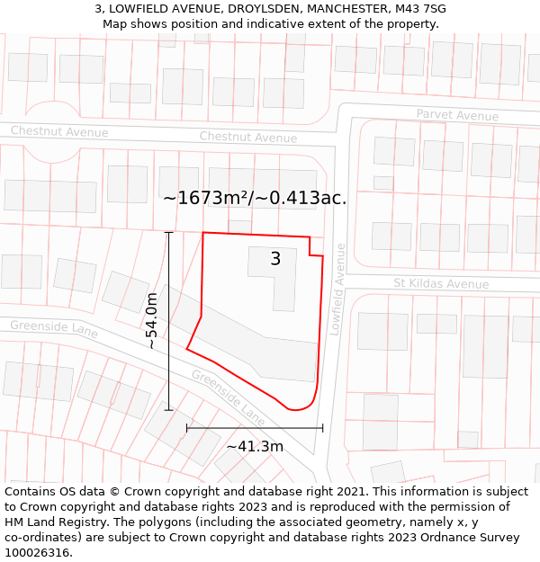 3, LOWFIELD AVENUE, DROYLSDEN, MANCHESTER, M43 7SG: Plot and title map