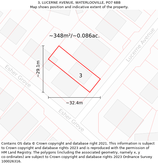 3, LUCERNE AVENUE, WATERLOOVILLE, PO7 6BB: Plot and title map