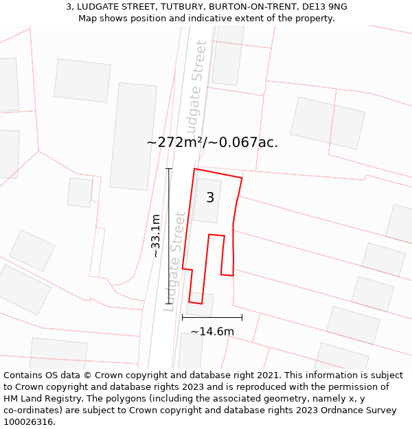 3, LUDGATE STREET, TUTBURY, BURTON-ON-TRENT, DE13 9NG: Plot and title map