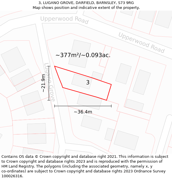 3, LUGANO GROVE, DARFIELD, BARNSLEY, S73 9RG: Plot and title map