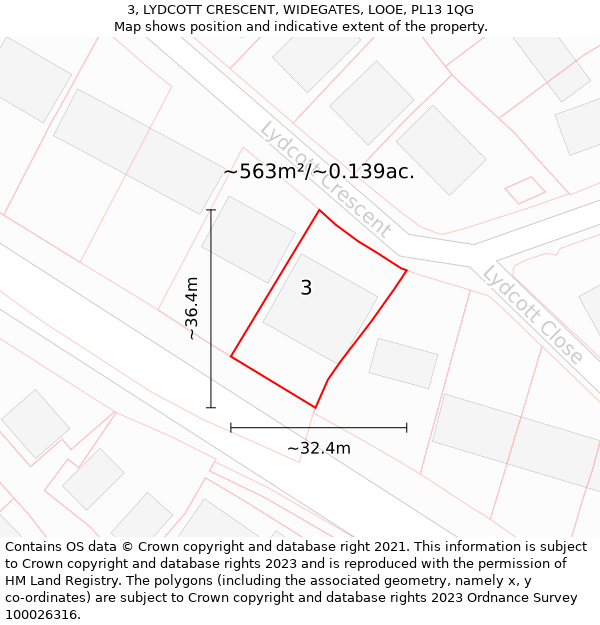 3, LYDCOTT CRESCENT, WIDEGATES, LOOE, PL13 1QG: Plot and title map