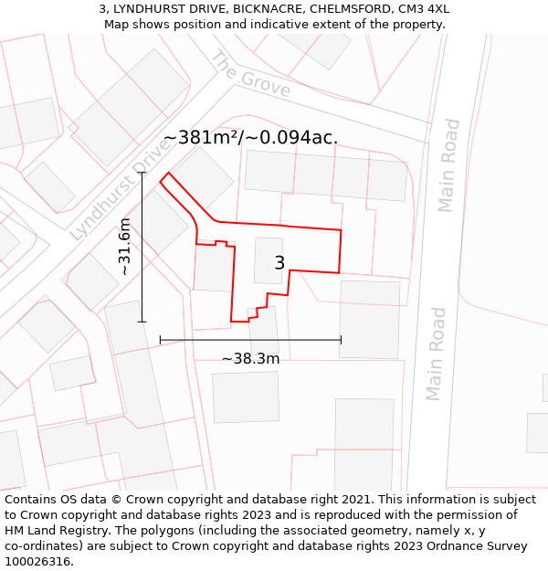 3, LYNDHURST DRIVE, BICKNACRE, CHELMSFORD, CM3 4XL: Plot and title map