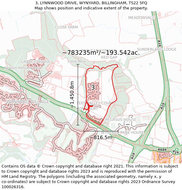 3, LYNNWOOD DRIVE, WYNYARD, BILLINGHAM, TS22 5FQ: Plot and title map