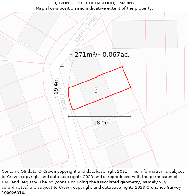 3, LYON CLOSE, CHELMSFORD, CM2 8NY: Plot and title map