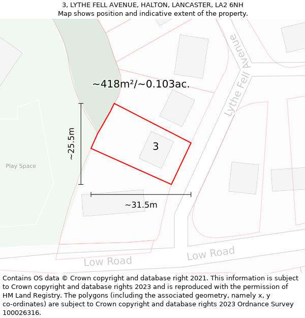 3, LYTHE FELL AVENUE, HALTON, LANCASTER, LA2 6NH: Plot and title map