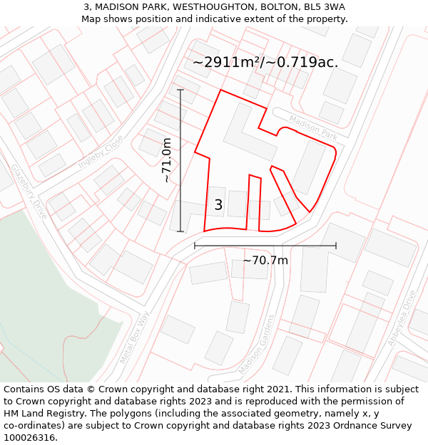 3, MADISON PARK, WESTHOUGHTON, BOLTON, BL5 3WA: Plot and title map