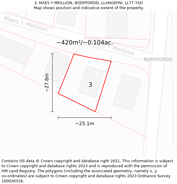 3, MAES Y MEILLION, BODFFORDD, LLANGEFNI, LL77 7AD: Plot and title map