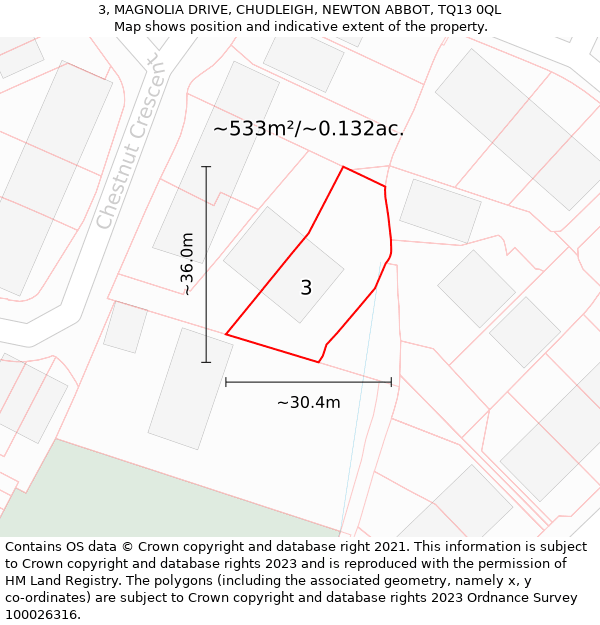 3, MAGNOLIA DRIVE, CHUDLEIGH, NEWTON ABBOT, TQ13 0QL: Plot and title map