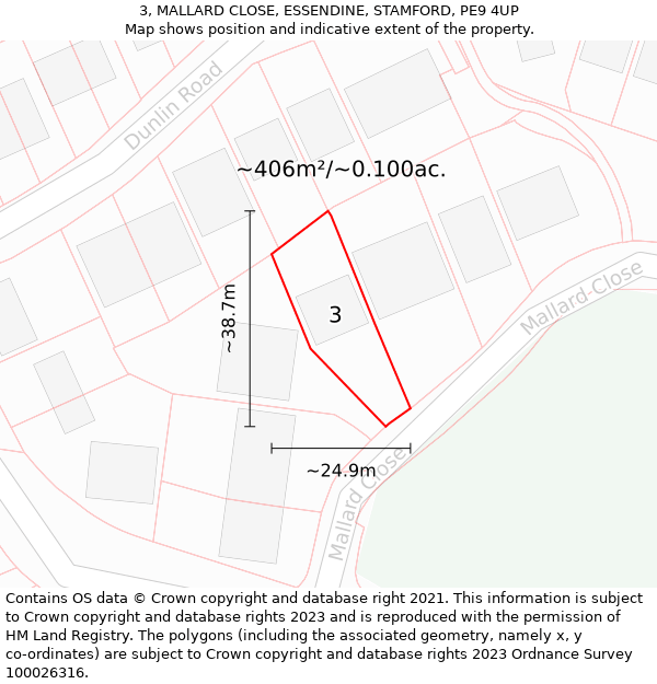 3, MALLARD CLOSE, ESSENDINE, STAMFORD, PE9 4UP: Plot and title map