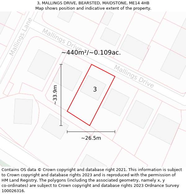 3, MALLINGS DRIVE, BEARSTED, MAIDSTONE, ME14 4HB: Plot and title map