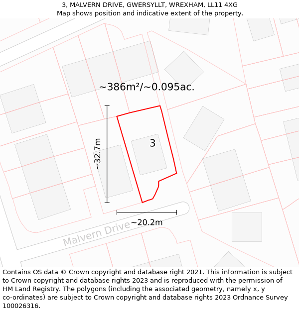 3, MALVERN DRIVE, GWERSYLLT, WREXHAM, LL11 4XG: Plot and title map