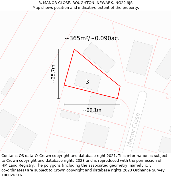 3, MANOR CLOSE, BOUGHTON, NEWARK, NG22 9JS: Plot and title map