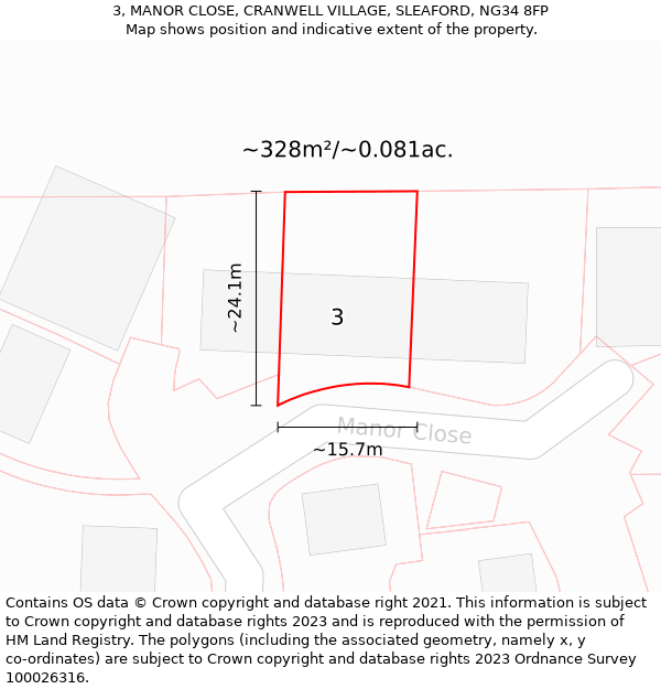 3, MANOR CLOSE, CRANWELL VILLAGE, SLEAFORD, NG34 8FP: Plot and title map