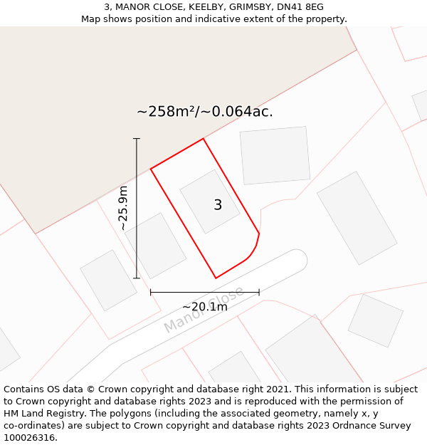 3, MANOR CLOSE, KEELBY, GRIMSBY, DN41 8EG: Plot and title map