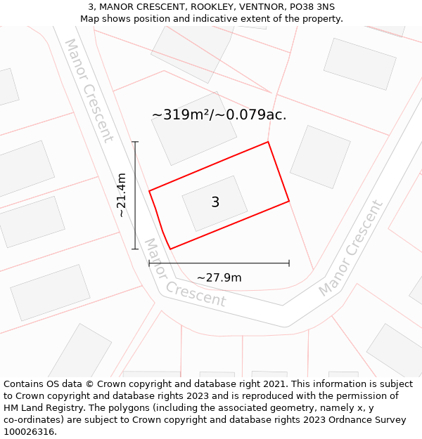 3, MANOR CRESCENT, ROOKLEY, VENTNOR, PO38 3NS: Plot and title map