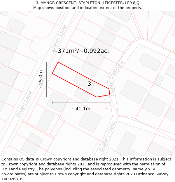 3, MANOR CRESCENT, STAPLETON, LEICESTER, LE9 8JQ: Plot and title map