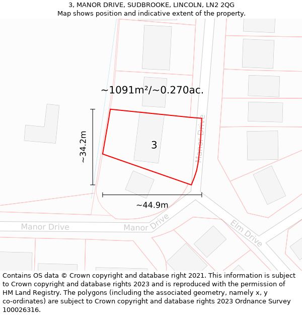 3, MANOR DRIVE, SUDBROOKE, LINCOLN, LN2 2QG: Plot and title map