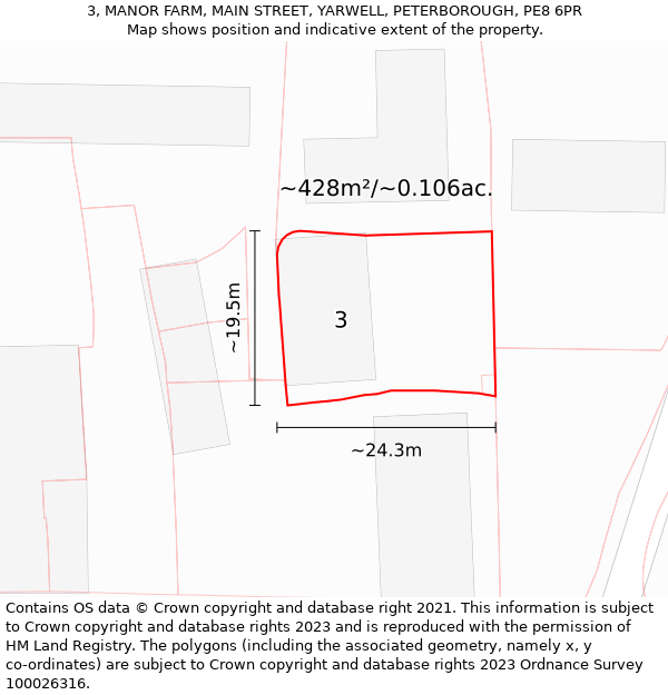 3, MANOR FARM, MAIN STREET, YARWELL, PETERBOROUGH, PE8 6PR: Plot and title map