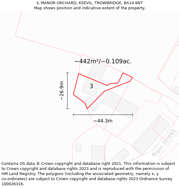 3, MANOR ORCHARD, KEEVIL, TROWBRIDGE, BA14 6NT: Plot and title map