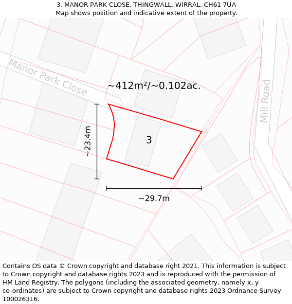 3, MANOR PARK CLOSE, THINGWALL, WIRRAL, CH61 7UA: Plot and title map