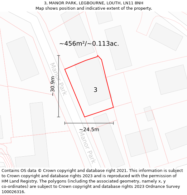 3, MANOR PARK, LEGBOURNE, LOUTH, LN11 8NH: Plot and title map