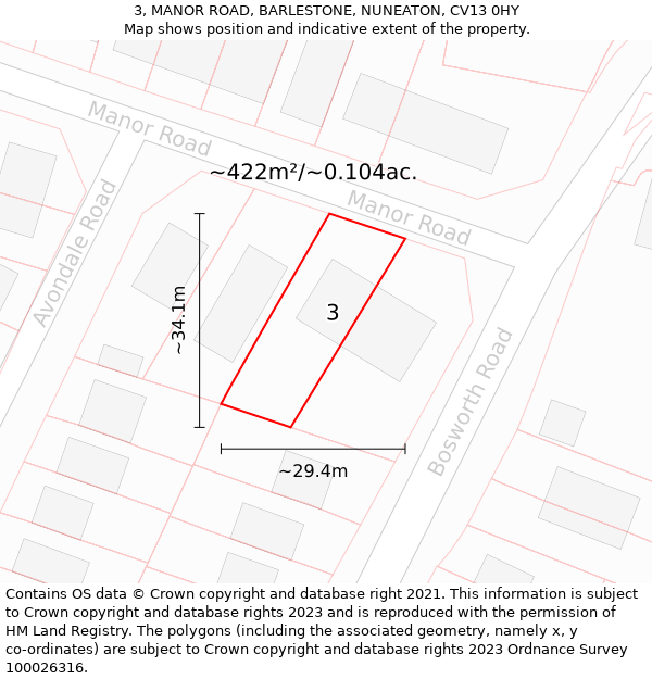 3, MANOR ROAD, BARLESTONE, NUNEATON, CV13 0HY: Plot and title map