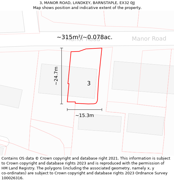 3, MANOR ROAD, LANDKEY, BARNSTAPLE, EX32 0JJ: Plot and title map