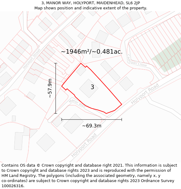 3, MANOR WAY, HOLYPORT, MAIDENHEAD, SL6 2JP: Plot and title map