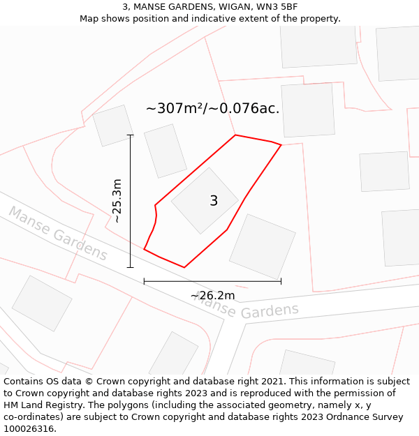 3, MANSE GARDENS, WIGAN, WN3 5BF: Plot and title map