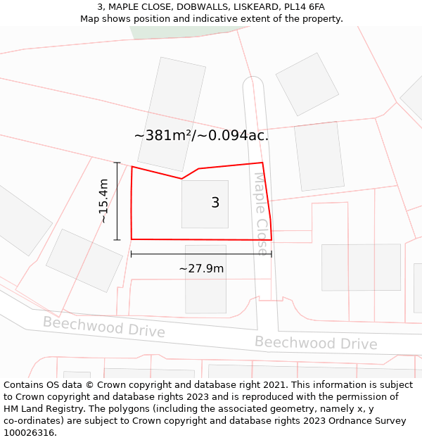 3, MAPLE CLOSE, DOBWALLS, LISKEARD, PL14 6FA: Plot and title map