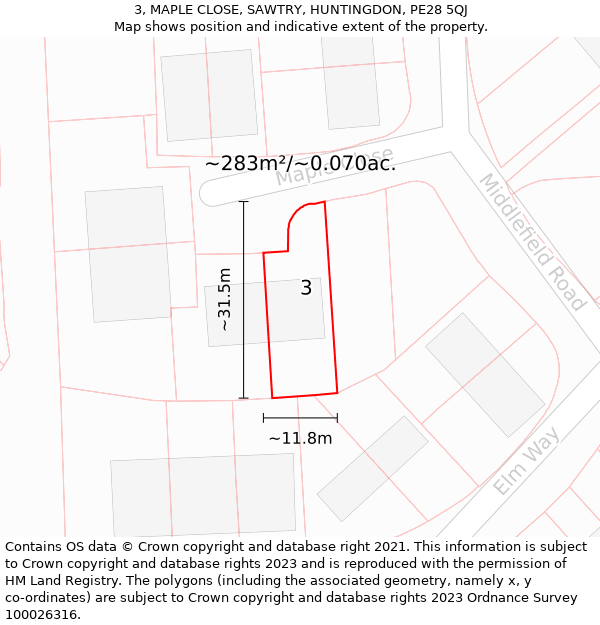 3, MAPLE CLOSE, SAWTRY, HUNTINGDON, PE28 5QJ: Plot and title map