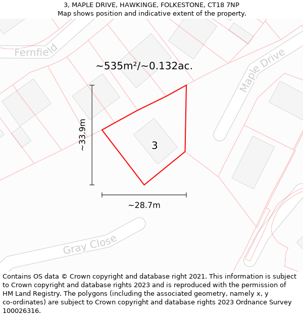 3, MAPLE DRIVE, HAWKINGE, FOLKESTONE, CT18 7NP: Plot and title map