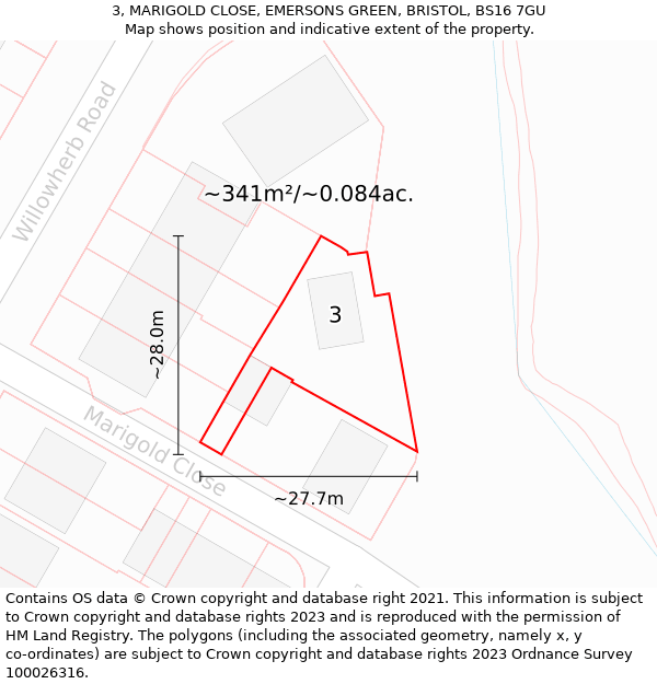 3, MARIGOLD CLOSE, EMERSONS GREEN, BRISTOL, BS16 7GU: Plot and title map