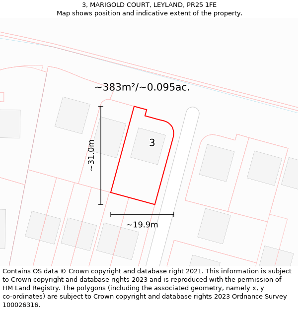 3, MARIGOLD COURT, LEYLAND, PR25 1FE: Plot and title map