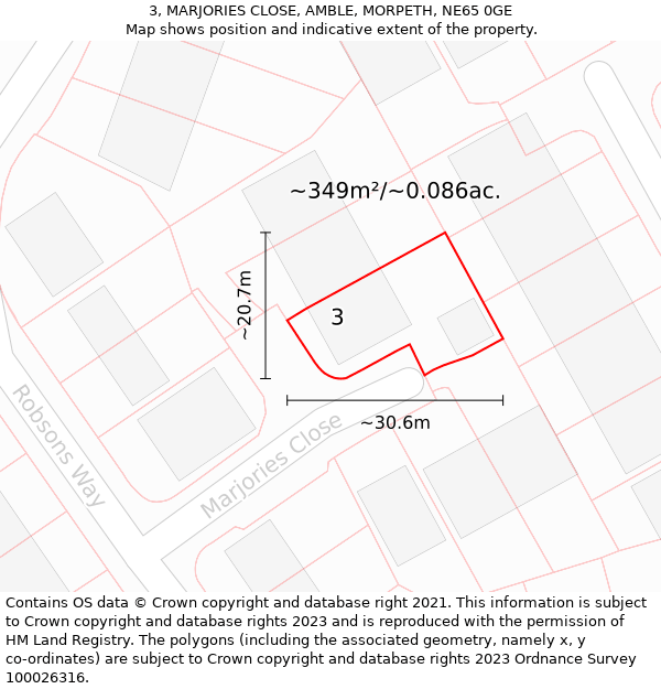 3, MARJORIES CLOSE, AMBLE, MORPETH, NE65 0GE: Plot and title map