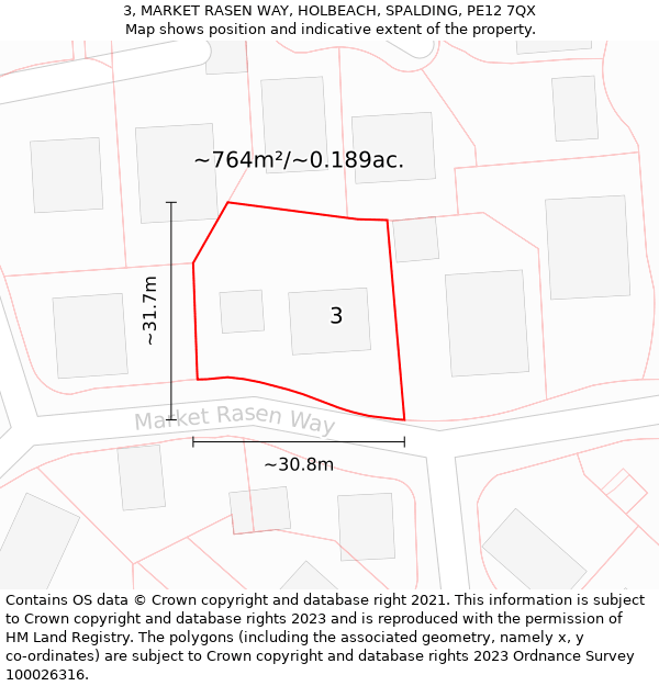 3, MARKET RASEN WAY, HOLBEACH, SPALDING, PE12 7QX: Plot and title map