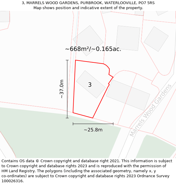3, MARRELS WOOD GARDENS, PURBROOK, WATERLOOVILLE, PO7 5RS: Plot and title map