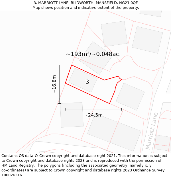 3, MARRIOTT LANE, BLIDWORTH, MANSFIELD, NG21 0QF: Plot and title map