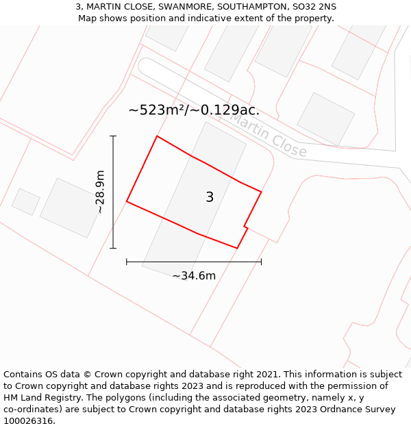 3, MARTIN CLOSE, SWANMORE, SOUTHAMPTON, SO32 2NS: Plot and title map