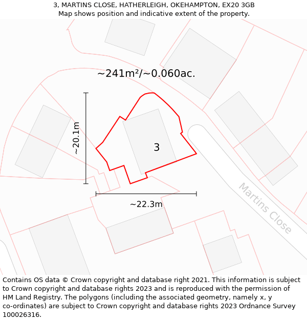 3, MARTINS CLOSE, HATHERLEIGH, OKEHAMPTON, EX20 3GB: Plot and title map