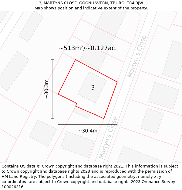 3, MARTYNS CLOSE, GOONHAVERN, TRURO, TR4 9JW: Plot and title map