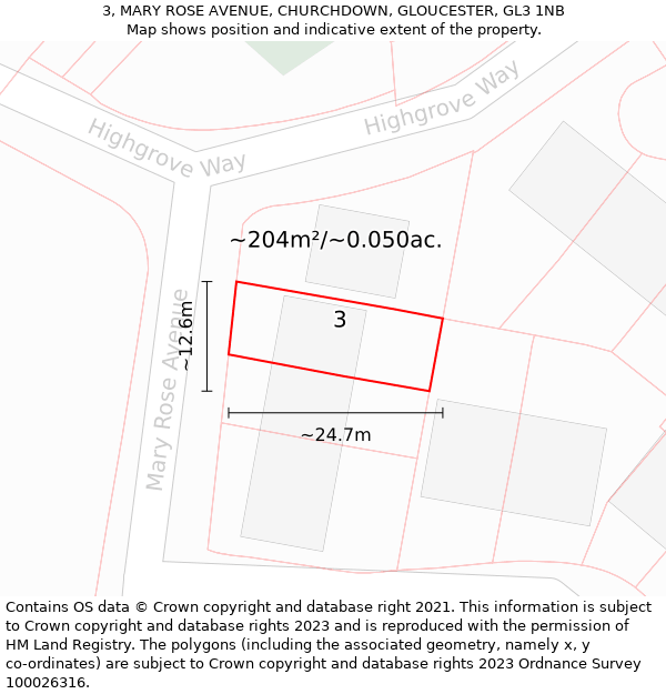 3, MARY ROSE AVENUE, CHURCHDOWN, GLOUCESTER, GL3 1NB: Plot and title map