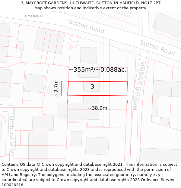 3, MAYCROFT GARDENS, HUTHWAITE, SUTTON-IN-ASHFIELD, NG17 2PT: Plot and title map